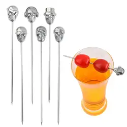 6pcs Cocktail Picks Skull Cocktail Picks Martini Picks Stainless Steel Reusable Olive Picks Garnish Skewer Silver Fruit