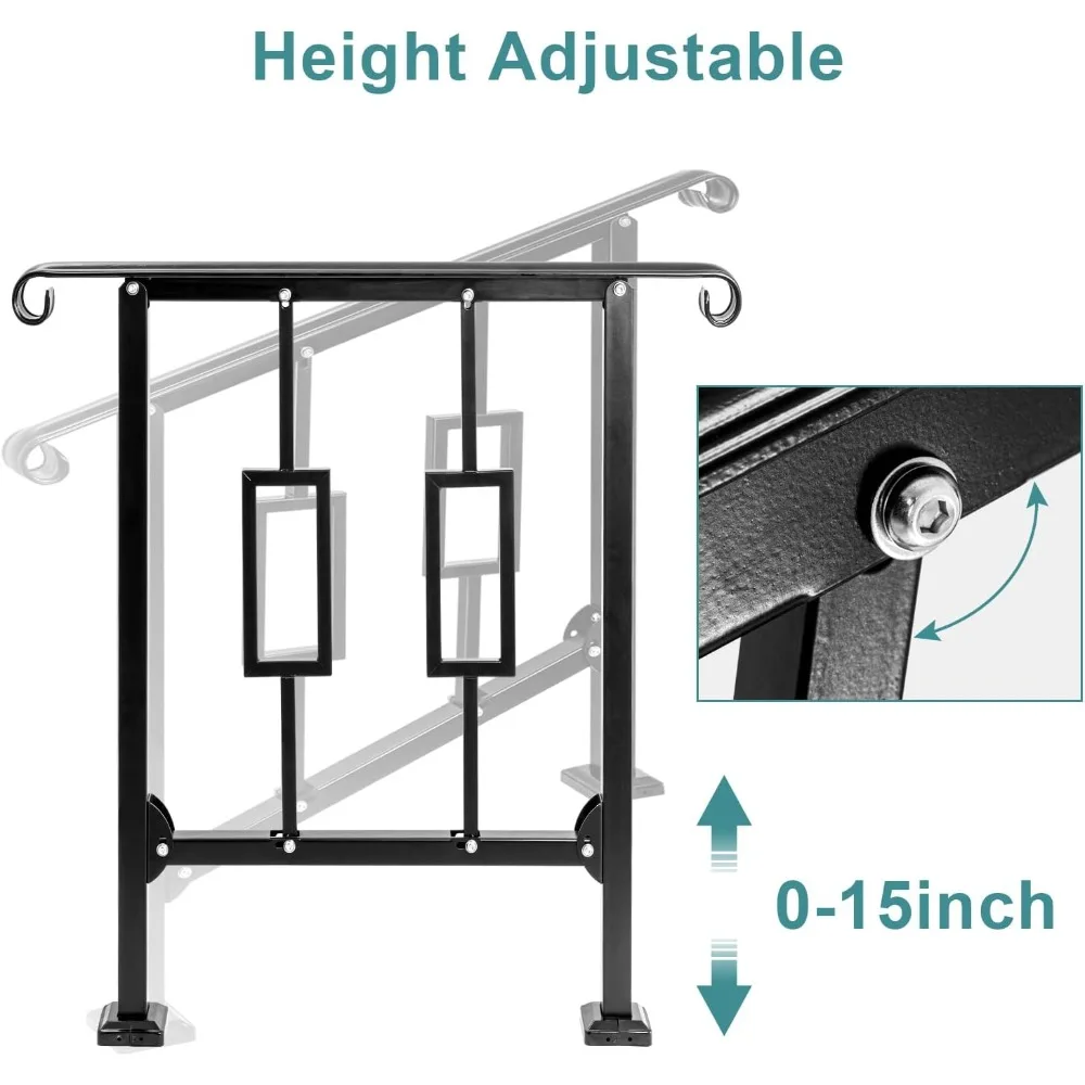 Handrails for Outdoor Steps, Fit 2 or 3 Steps Outdoor Stair Railing, Black Wrought Iron Handrail Handrails for Concrete Steps
