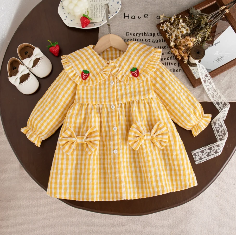 Girls Dresses Spring And Autumn Cotton Checkered Bow Long Sleeve Baby Girl Dress Cartoon Cute Princess Dress Baby Clothing