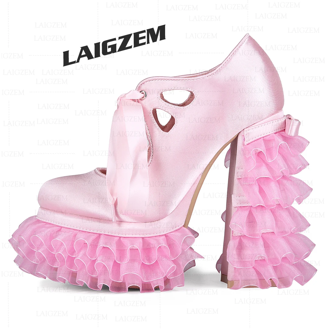 LAIGZEM Women Platform Pumps Round Toe Chunky Thick High Heels Sandals Sweet Cosplay Ladies Shoes Woman Plus Size 39 44 45 52