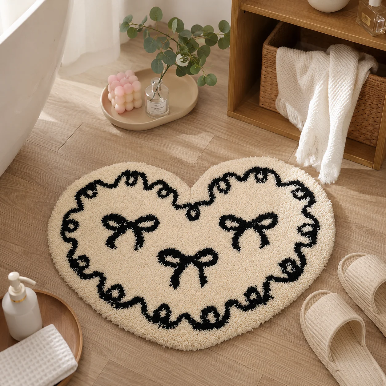 Heart Shaped Flocked Bath Mat Thick Absorbent Non Slip For Bathroom Closet Valentines Day Gift For Women Teens