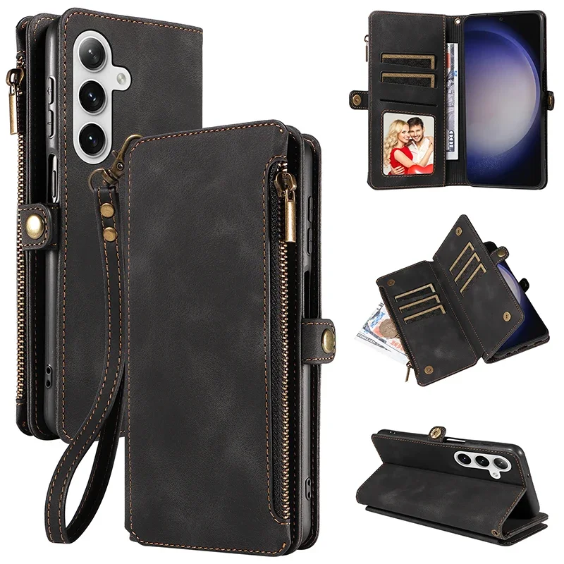 Flip Rits Portemonnee Kaarten Solt Leather Case voor Samsung Galaxy S25 Ultra S24 Plus S23 S22 A55 A15 A35 A34 A54 Telefoon tassen Cover