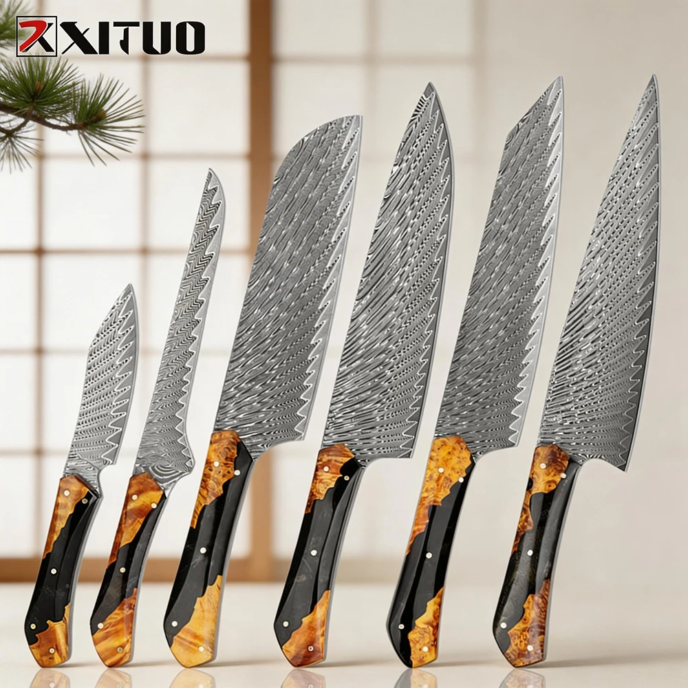 

XITUO Professional 1-6 PCS Kitchen Knife Set,Ultra Sharp Damascus Super Steel Chef Knives Set Ergonomic Stabilised Wood Handle