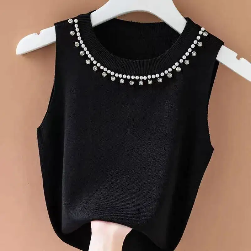 Lucyever Sommer Gestrickte Westen Für Frauen Koreanische Mode Perle Dekoration O Neck Tanks Top Frau Elastische Dünne Ärmelloses T-shirt
