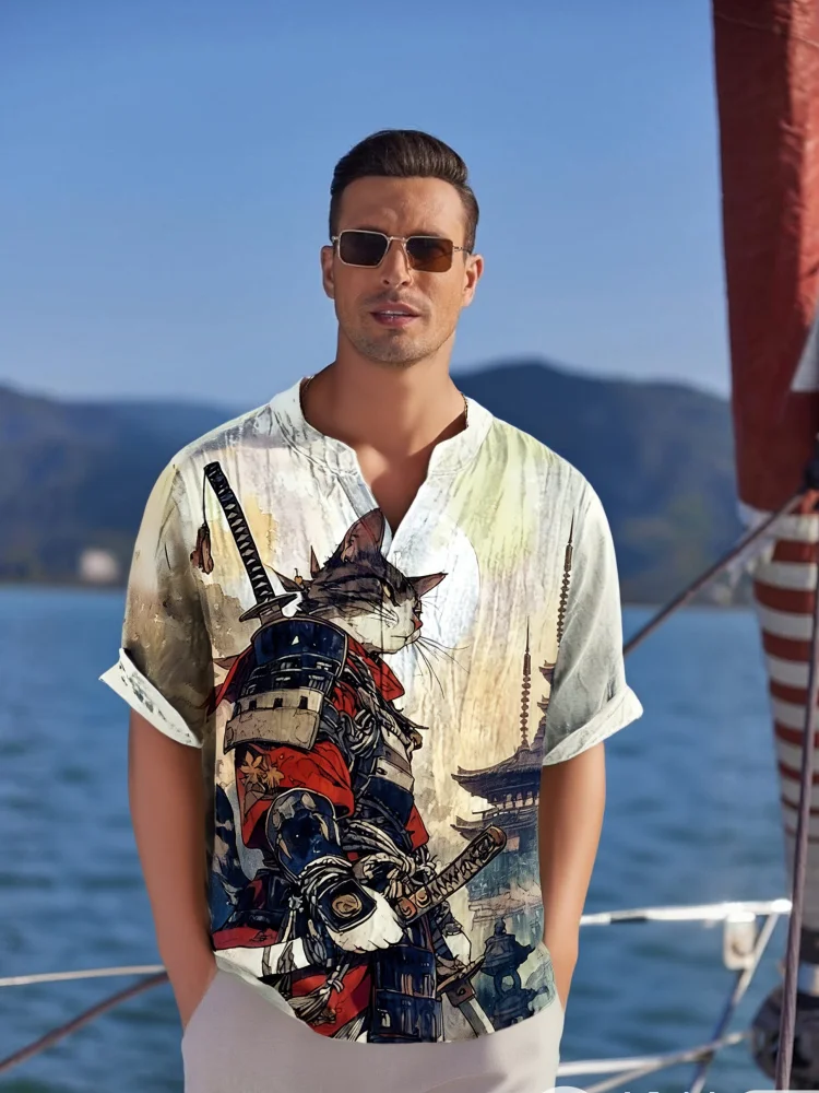 

Bohemian Japanese Style Shits Vintage Samurai Cat Art Printing Blend Shirt 2025 Summer Holiday Short Sleeve Chic Man Clothings