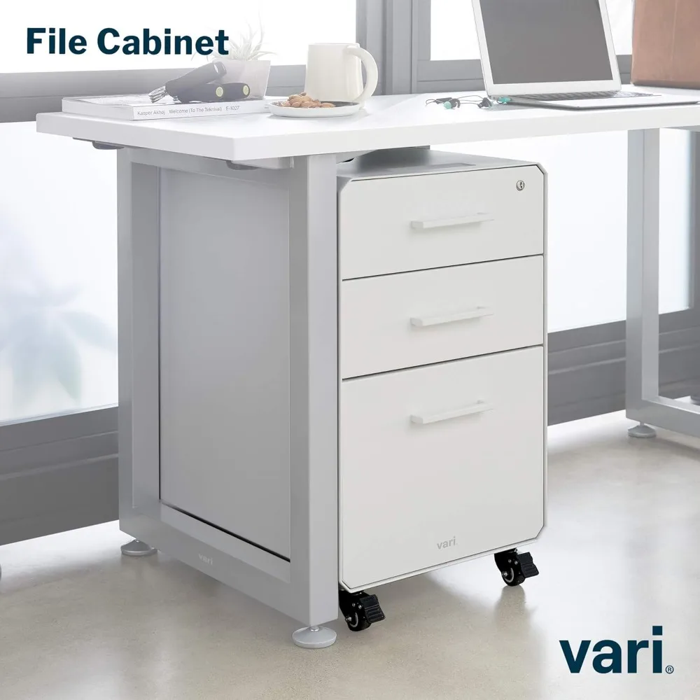Vari File Cabinet for Office Storage with Three Drawers - Roll & Lock Caster Wheels (White)