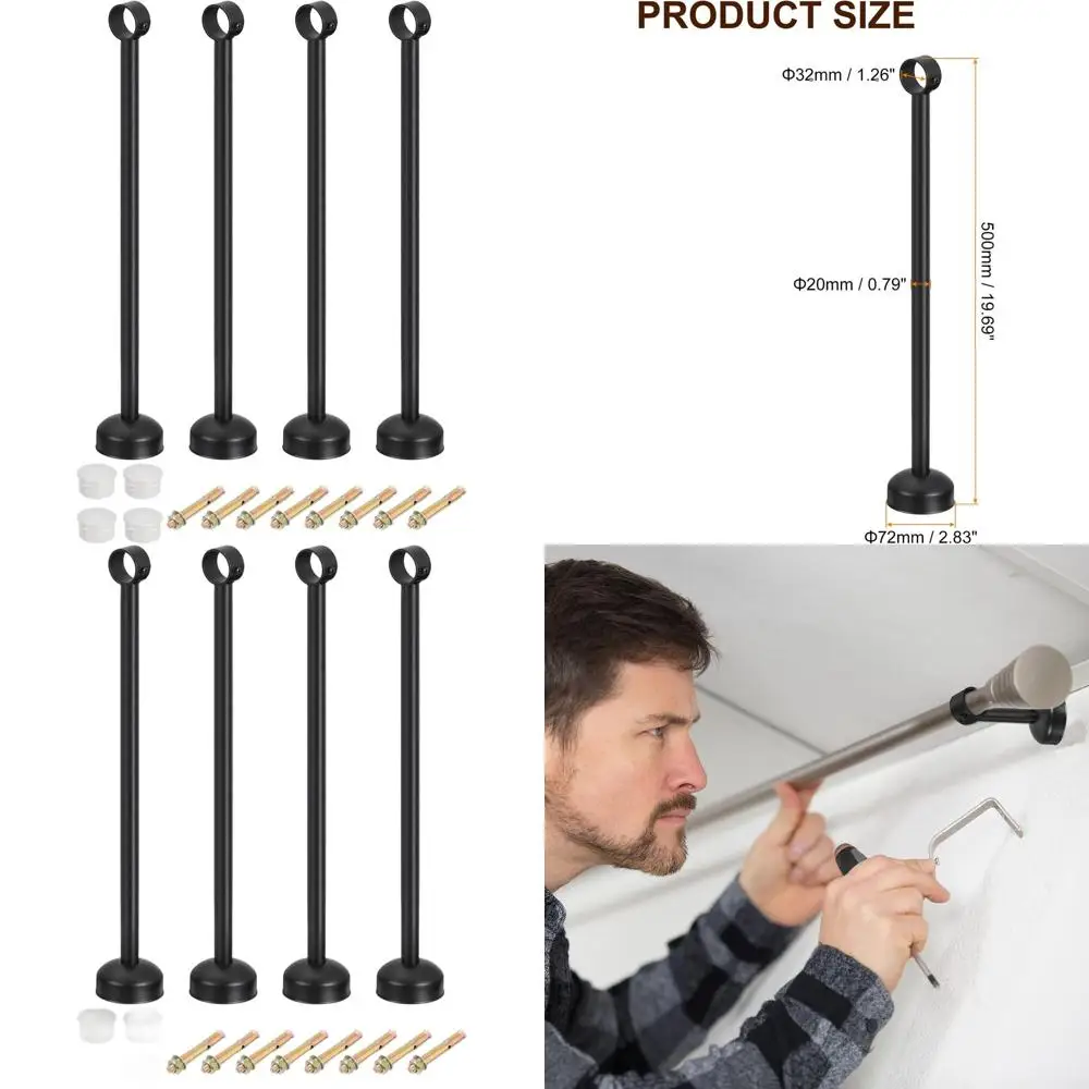 

4-Pack Ceiling-Mounted Curtain Rod Brackets with 32mm Diameter, 500mm Length, Black Stainless Steel for Hanging Curtains or Ward