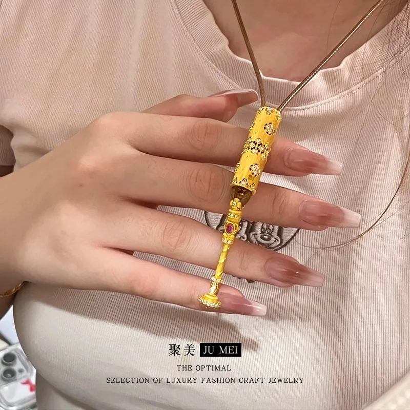 Fylia Jewelry  Ancient gold magic wand pendant 24K real gold brushed pendant exquisite women's new fashion design 9999 necklace