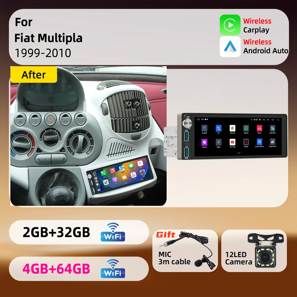 For Fiat Multipla 1999-2010 Android 1Din Car Stereo 6.86 inch Screen Carplay GPS Car Multimedia Autoradio Radio Head Unit