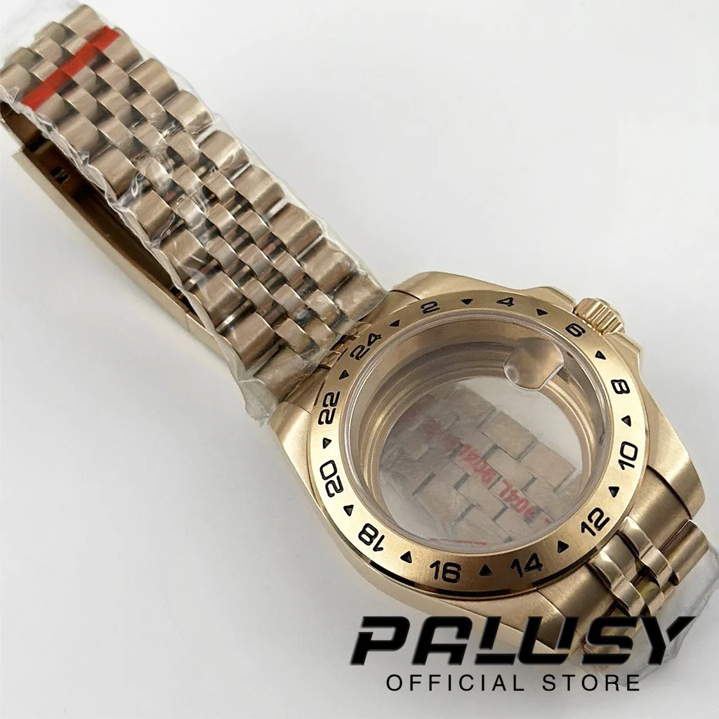 NH35 40MM Ouro Rosa EXP 24 Horas GMT Caixa de Relógio Sólido Glide Lock Fecho Vidro Safira Para NH34 NH35 NH36 NH38 ETA2824 Movimento