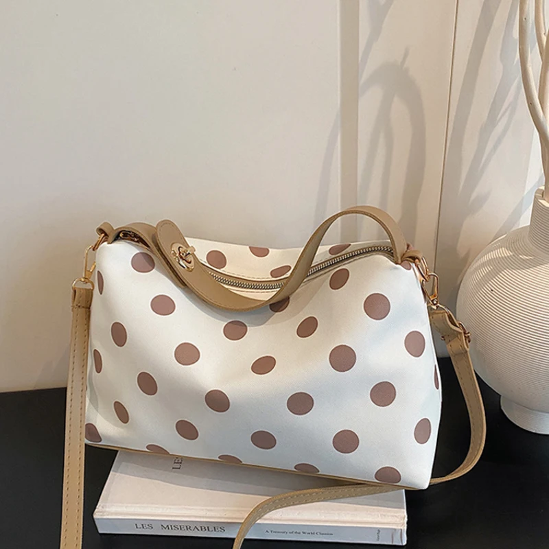 Koreanische Umhängetasche mit Polka Dots, leichte Damen-Umhängetasche, vielseitige, lässige Colorblock-Handtasche für den Arbeitsweg, Reißverschluss – Detail 17