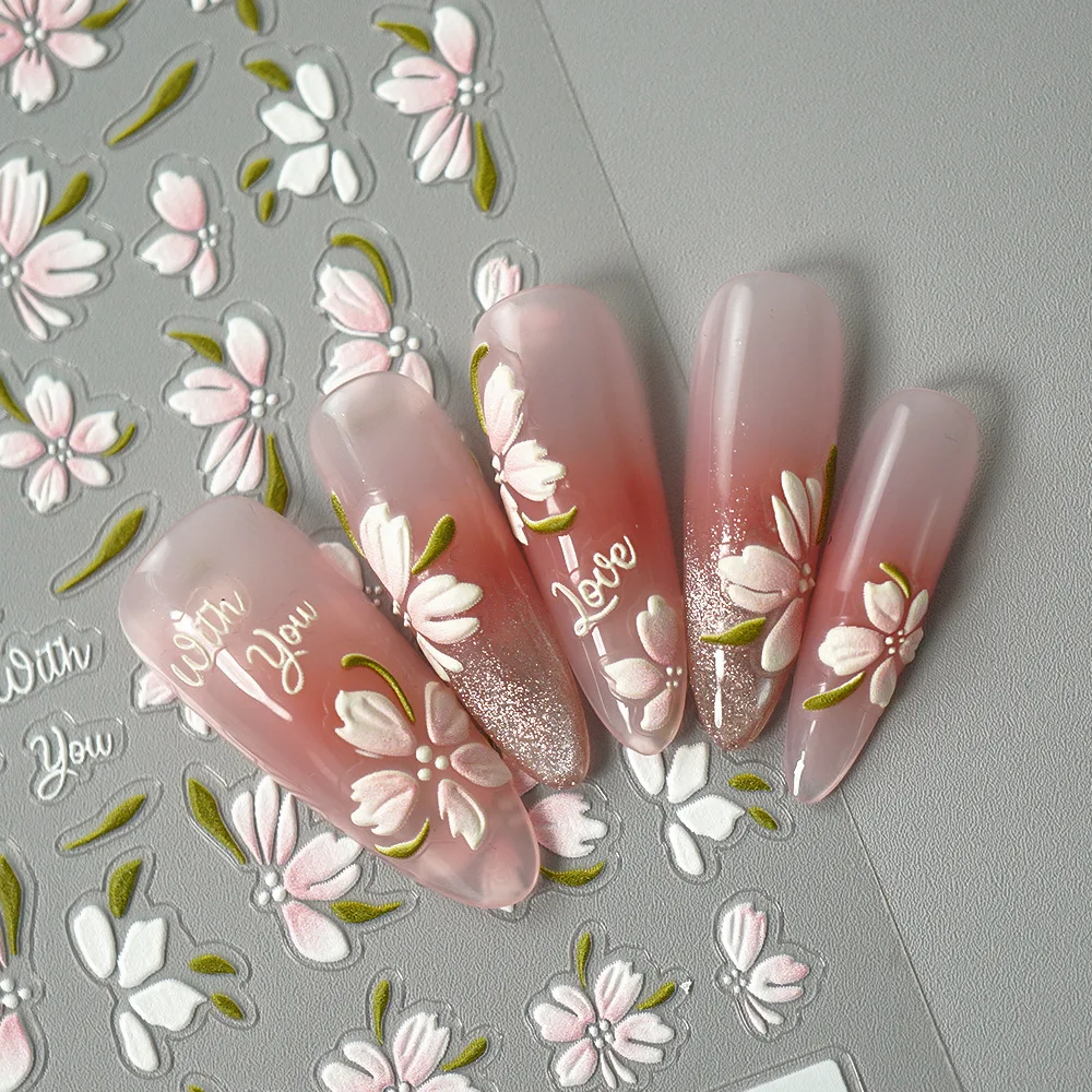 

5D Embossed Flower Nail Sticker White Camellia Flower Petal Self Adhesive Decals Floral Elegant Decortive Stickers Manicure