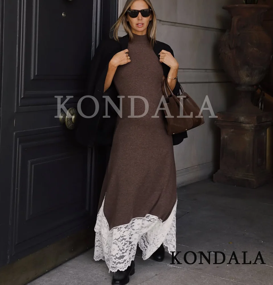 KONDALA Damen-Kleid, elegant, Weihnachtsfeier, Spitze, Patchwork, langes ärmelloses Strickkleid, 2026, Winter, Frühling, modisches Abendessenkleid