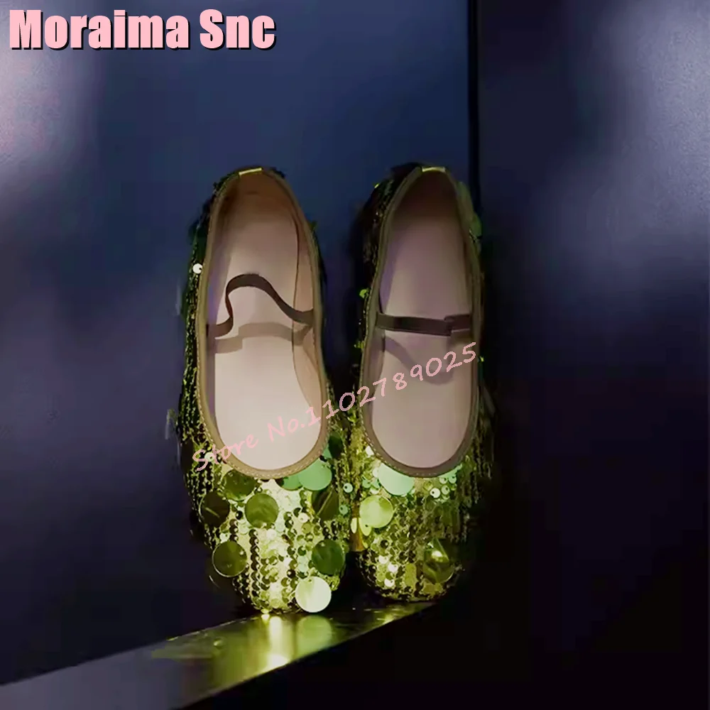 Ballerine con paillettes Bling punta tonda piatte con cinturino alla caviglia moda elegante Slip On scarpe da donna 2024 primavera estate verde