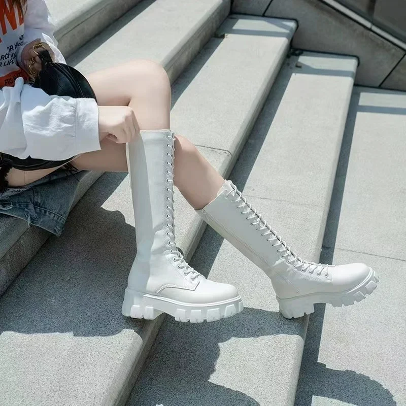 

Pop Women's Mid Calf Boots Padded Shoes Knee High Winter Sneakers Punk Style Military Casual White Black 2024 Platform Woman