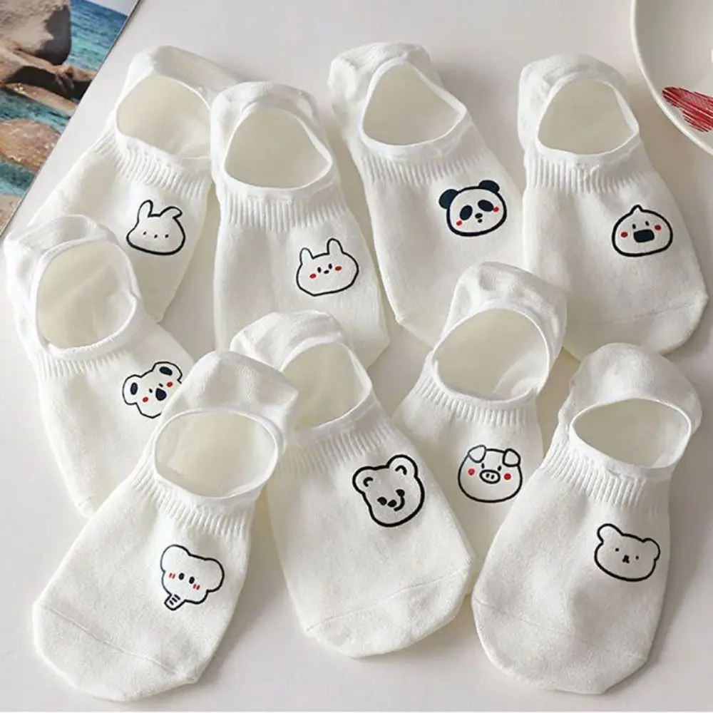 

10Pairs Trendy Cartoon Women Invisible Socks Thin Sweet Cute Boat Socks Non-slip Hosiery Bear White Socks Streetwear
