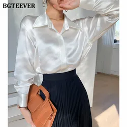 BGTEEVER Autumn Satin Shirts for Women Single-breasted Loose Blouses Female Turn-down Collar Full Sleeve Ladies Shirts Elegant