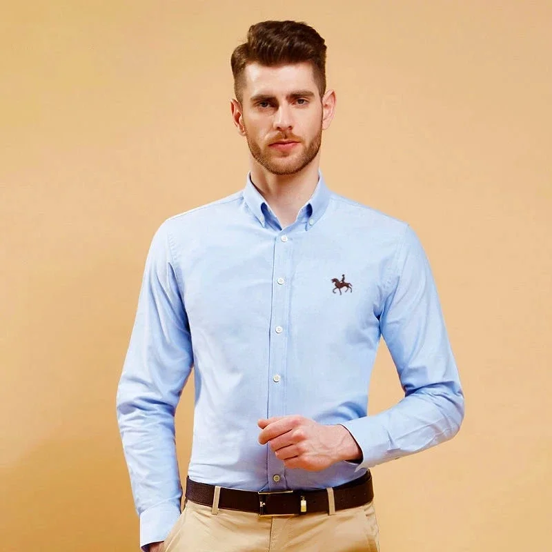 Pure Cotton Oxford  Embroidered Horse Casual Without Pocket Solid Shirt Men\'s Long Sleeve Dress Shirt Men Plus Size