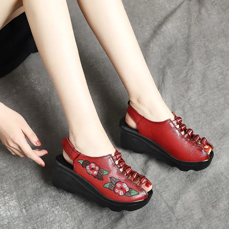 Xiuteng 2022 Summer Thick Bottom Sandals Wedge Fish Shoes Waterproof Platform 7cm High Heel Genuine Leather Shoes Embroidery