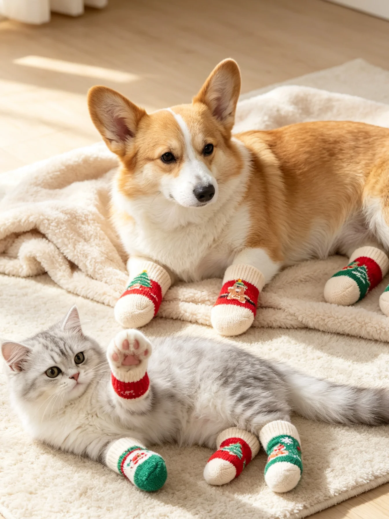 Christmas Dog Socks, Non-Slip Pet Shoes with Santa and Reindeer Patterns, Breathable Cotton Paw Protectors for Small Dogs, Anti-Slip Floor Grip (Random Style)