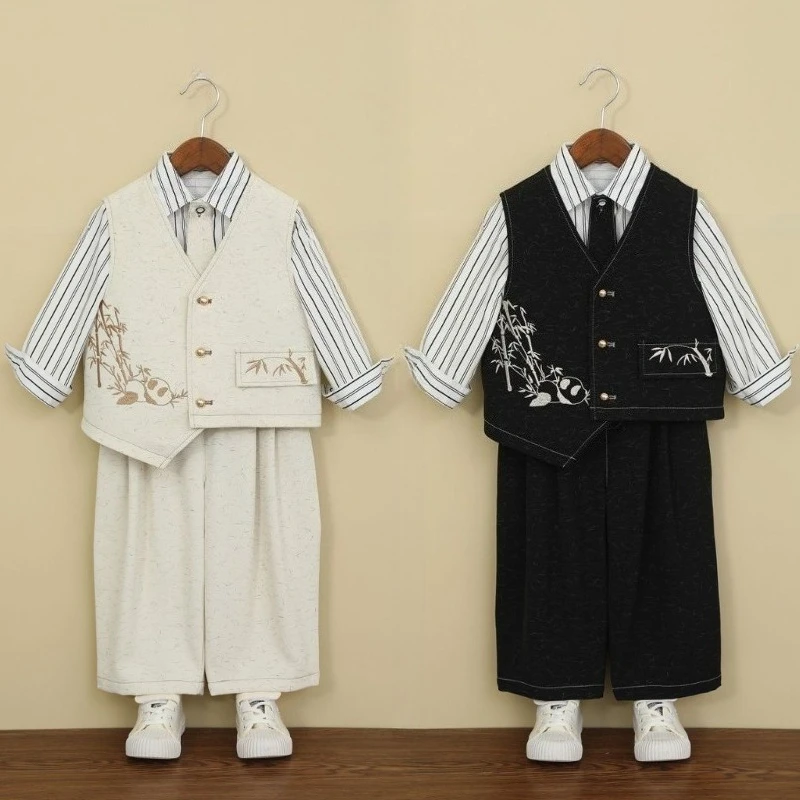 Teen Boys New Chinese Style Vest Suit Set Panda Bamboo Embroidery Cream White with Wide Leg Pants Kids Stage Performance Outfit