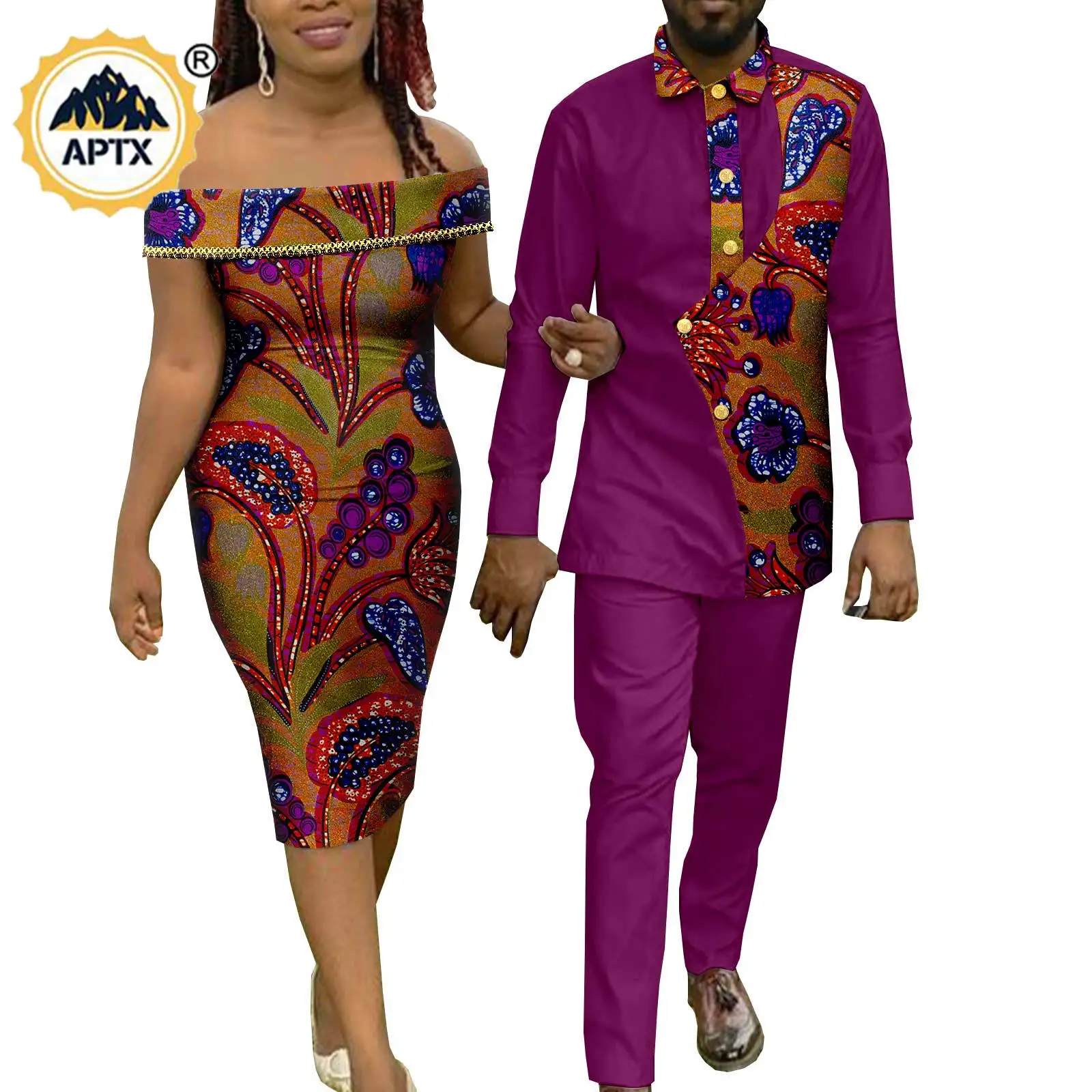 

African Clothes for Men Top and Pant Sets Couples Matching Outfits Dashiki Sexy Women Metallic Print Dresses for Wedding Y22C047