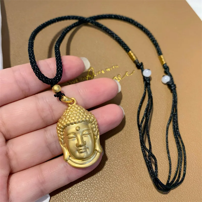 

Fine Gold Buddha Head Pendant Clavicle Chain 24K Alluvial Gold Buddha Black Rope Necklace Women's Adjustable Pendant Necklace