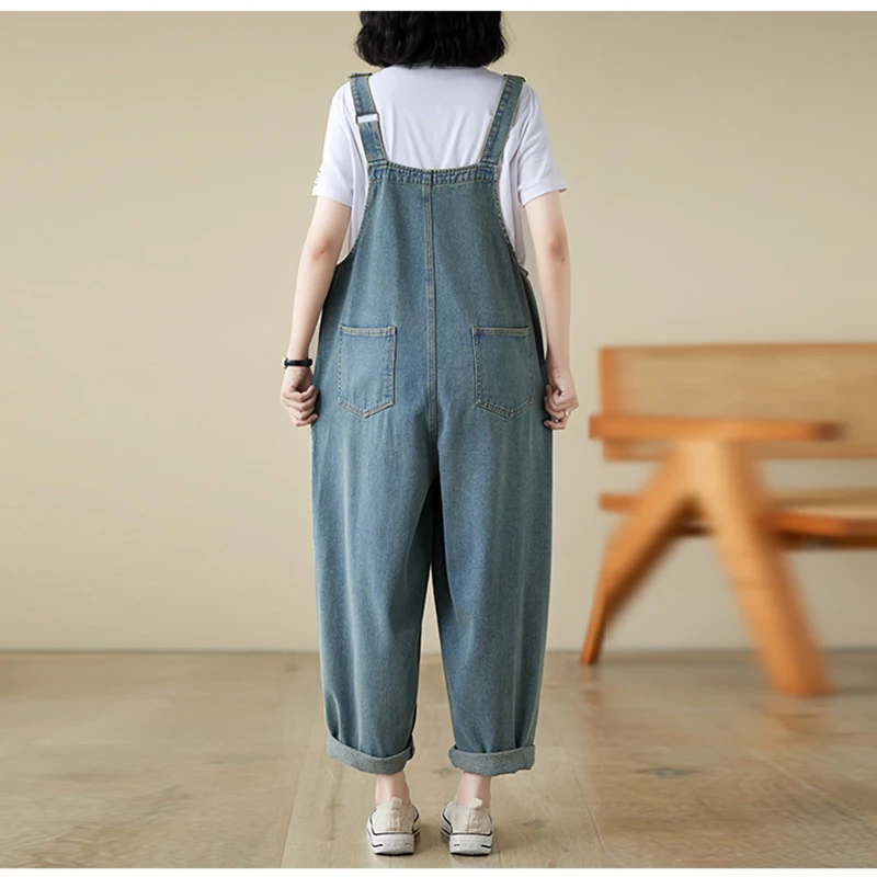 Vintage Safari Womens Jeans Jumpsuits Streetwear Loose Wide Leg Denim Overalls Button Gradient Baggy Cargo Pants Femme Dungarees