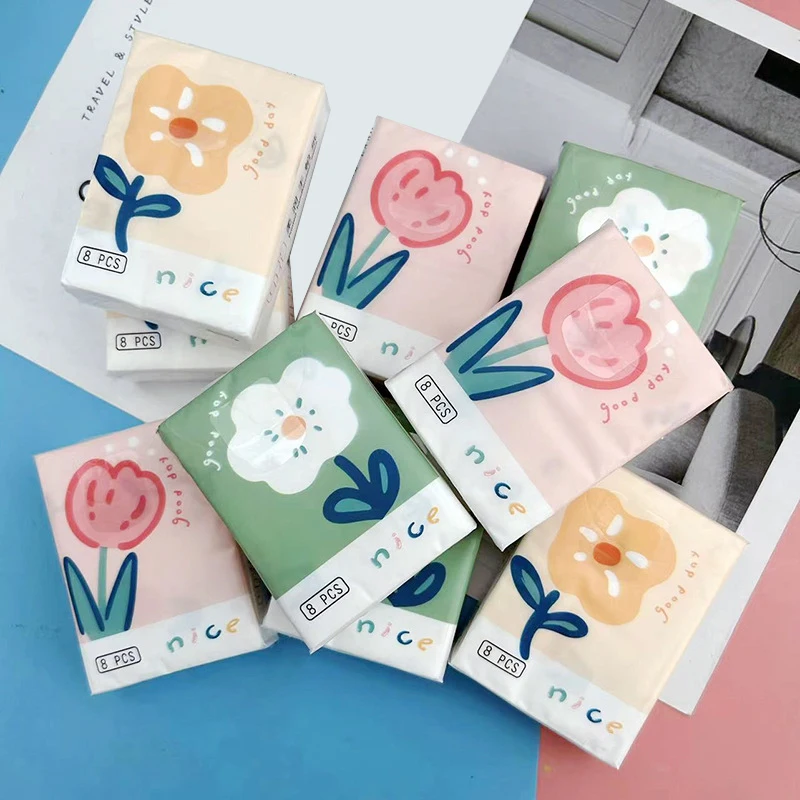 9 confezioni di fazzoletti di carta con fiori di cartone animato carino, piccoli tovaglioli portatili in pasta di legno vergine, asciugamani in tessuto per il viso