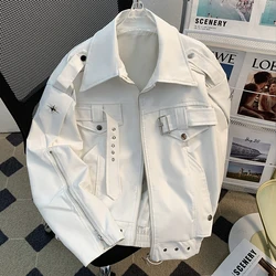 American High Street White Leather Jacket Men's Spring Autumn Trendy Design Small Luxury Large Size Motorcycle Jacket