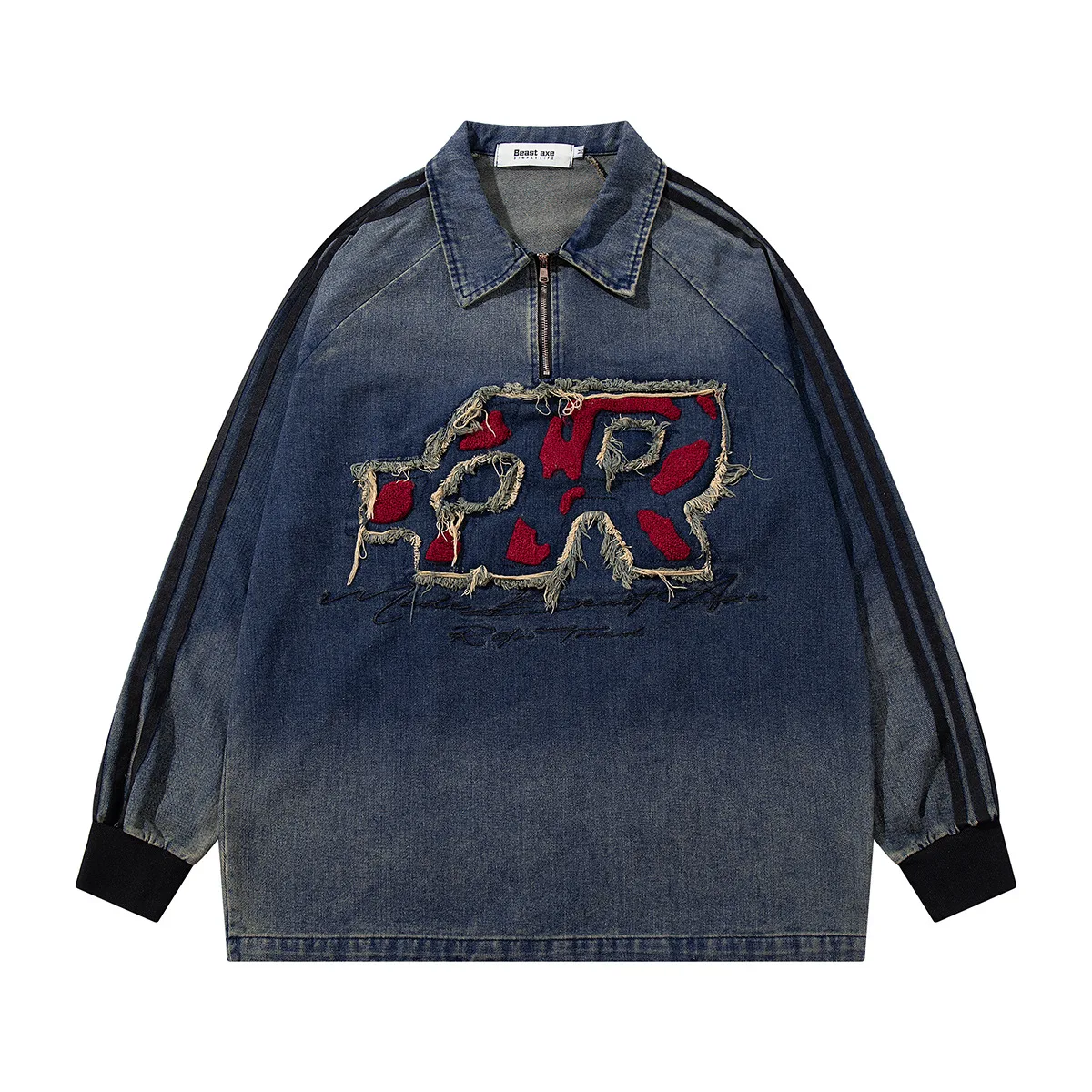 Sudaderas vaqueras lavadas con bordado para hombre, camisas vaqueras de manga larga con cuello tipo Polo para hombre, ropa informal para hombre