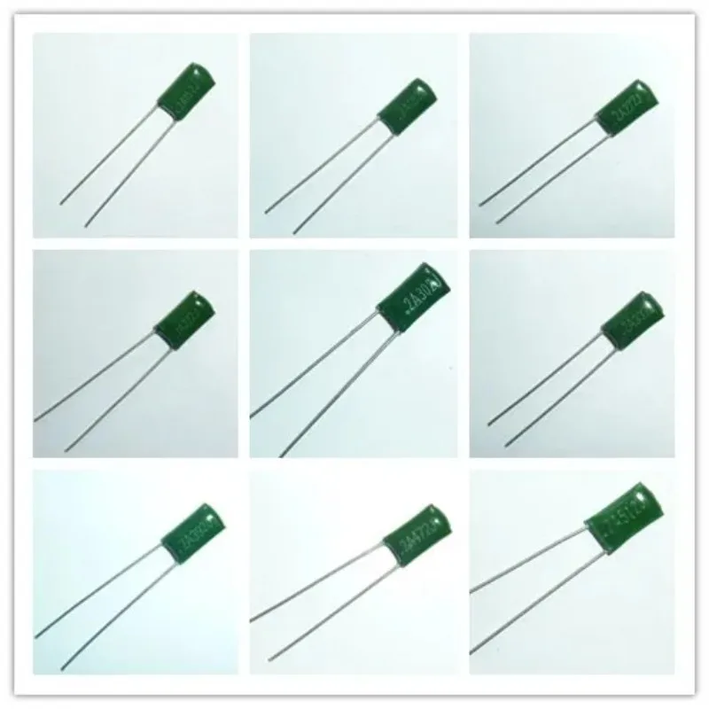 100개/몫 마일라 필름 커패시터 100V 2A 220pF~0.47uF 5% (2A221J~2A474J) 폴리에스테르 필름 커패시터