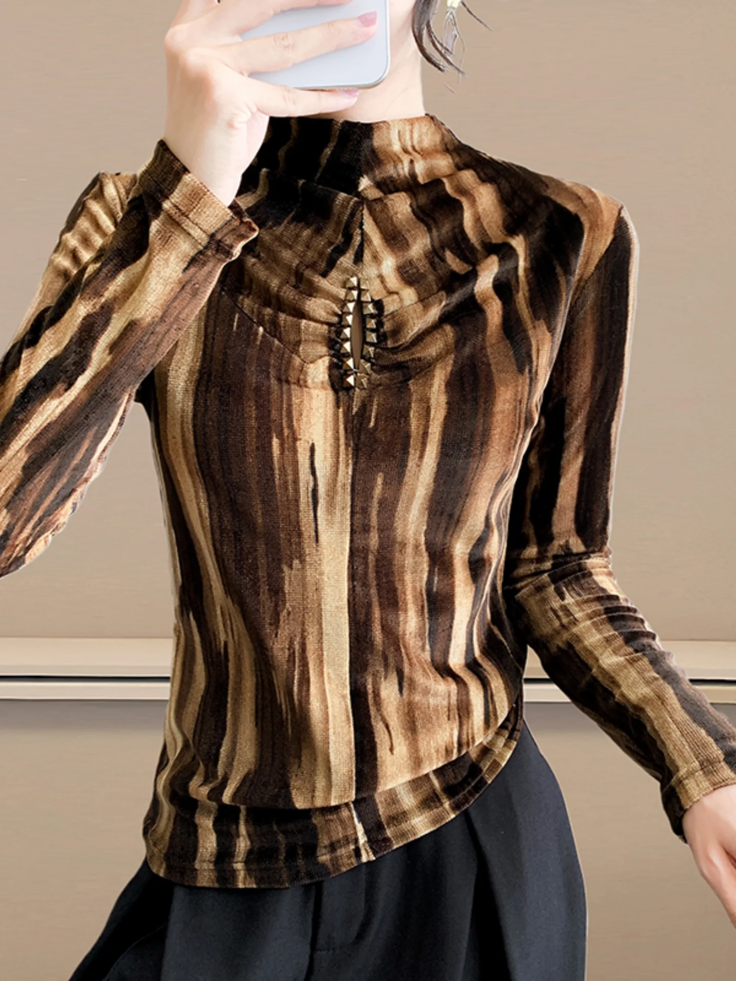 Col haut dentelle Svel évider perlé moi Base irt femmes coupe ajustée longue Sve T-shirt Faionable petit irt