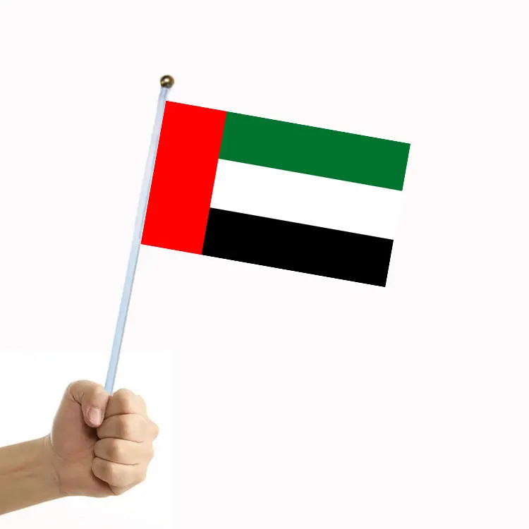 

50/100Pcs High-quality UAE National Flag with Pole, Double-sided Polyester Pattern, 14*21cm Flag Size National flag wholesale