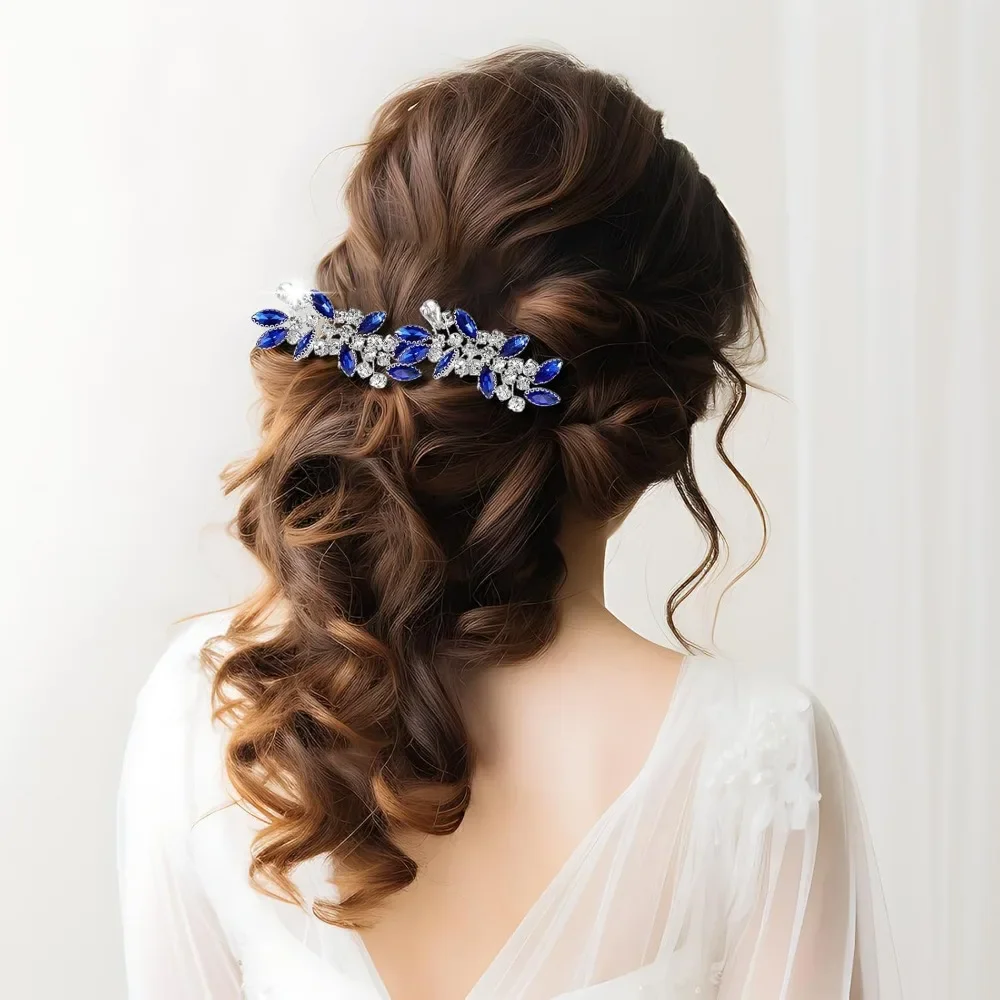 دبابيس شعر الزفاف الكريستالية، قطعتان من قطعة شعر الزفاف من حجر الراين الأزرق، مشط شعر كريستالي عتيق، دبوس شعر لتصفيف الشعر #3