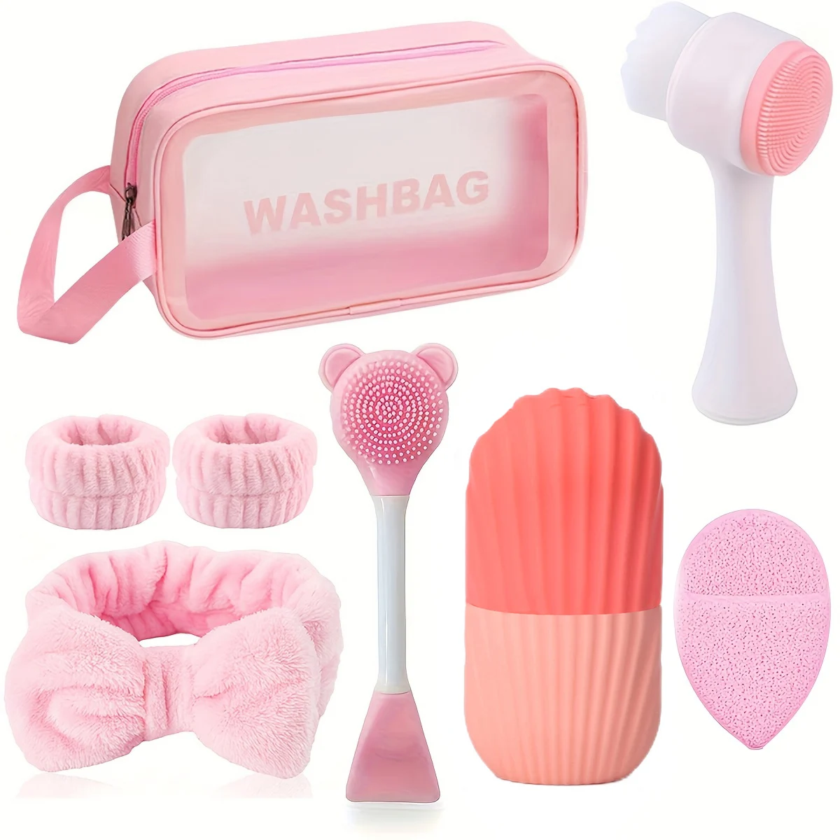 8-teiliges Silikon-Hautpflegeset mit Eiserolle und Kaltkompressenmaske – zweifarbiges Gesichts-Spa-Set in Rosa und Weiß, Hautpflege-Werkzeuge