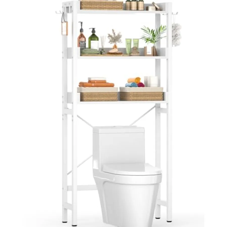 

Over-The-Toilet Storage Rack 3-Tier Bathroom Organizer Shelf Over Toilet Freestanding Space Saver Toilet Stands with 4 Hooks