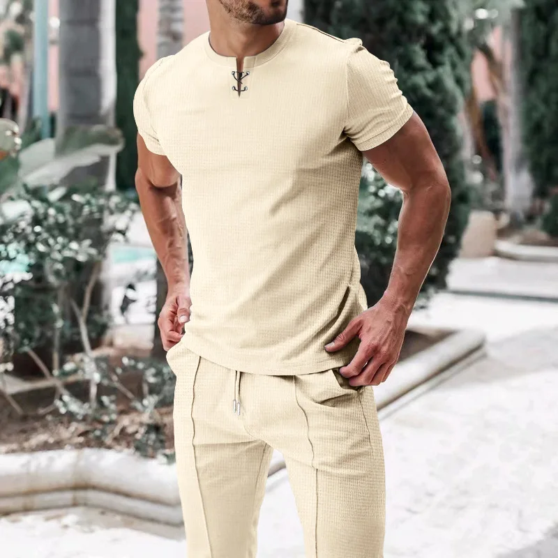 Men's Summer V-neck Strap Solid Color Short-sleeved Business Jacquard Breathable Large Size American T-shirt Cw51012