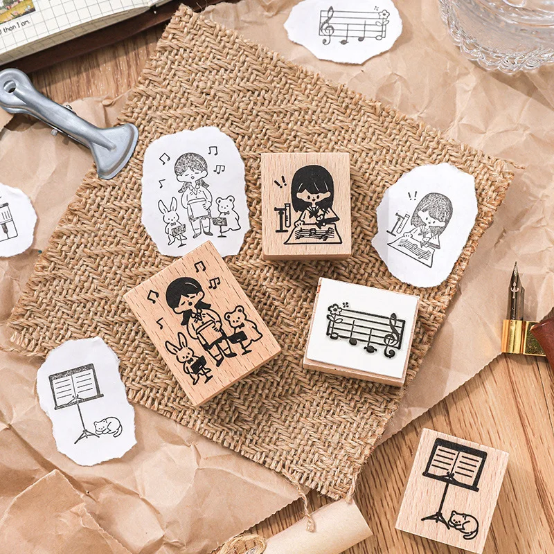 Cute Music Girl Stamps for Scrapbooking Junk Journal Decor Craft Supplies DIY Wood Rubber Stamps Seal Card Making Stationery