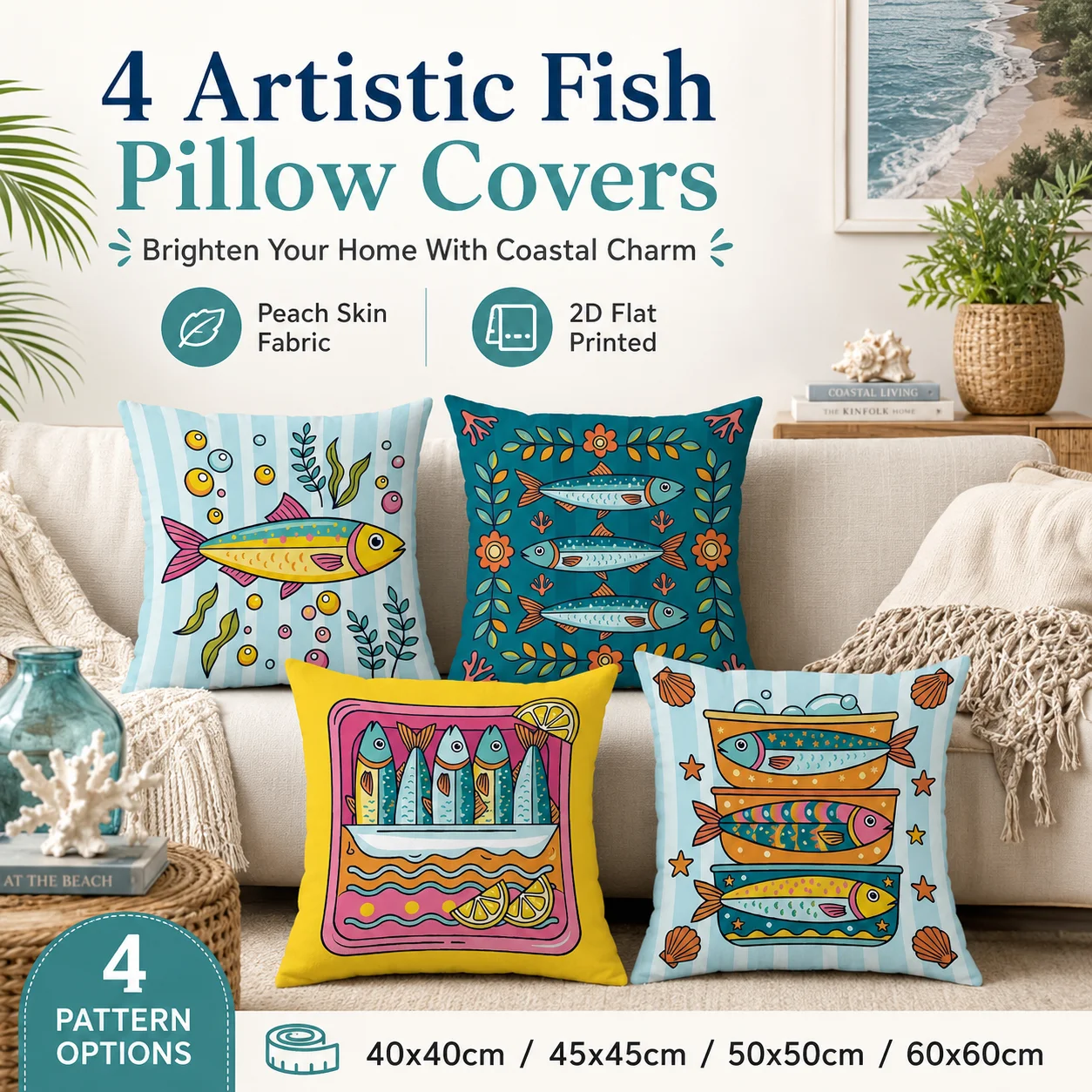 Colorful Artistic Fish 2D Flat Printed Peach Skin Pillowcase Mediterranean Coastal Cushion Cover for Sofa Couch Bedroom Home