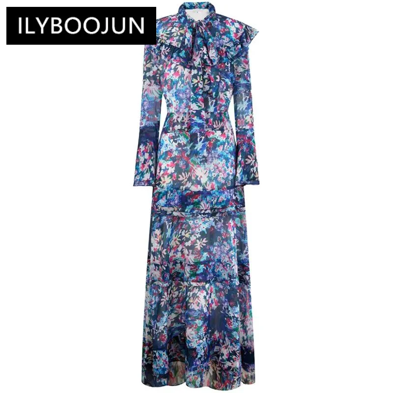 

ILYBOOJUN Autumn Fashion Runway Vintage Floral Print Dress Women Frenulum Collar Button Ruffles High Waist Slim Party Long Dress