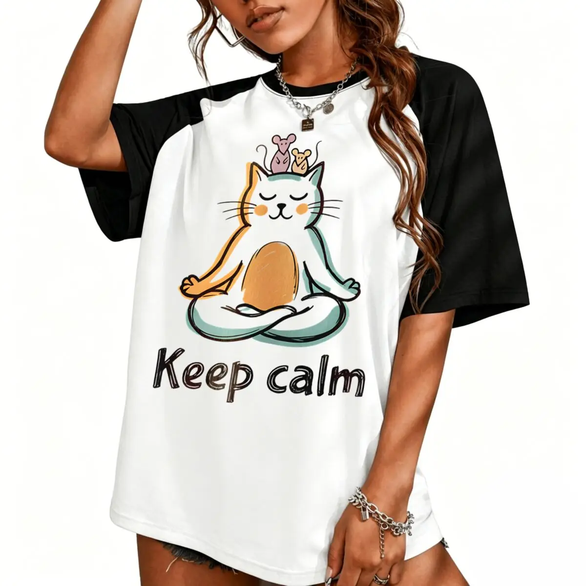 

"Keep Calm" Meditating Cat T-Shirt Vintage Raglan Sleeve Cotton Short Sleeve Tees Women's Casual American Style Tshirt