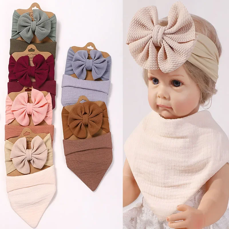 

2Pcs/lot Baby Solid Color Bib Turban Set for Newborns Big Bow Headband Elastic Bandana Hairband Headscarf for Toddler Bibs Sets