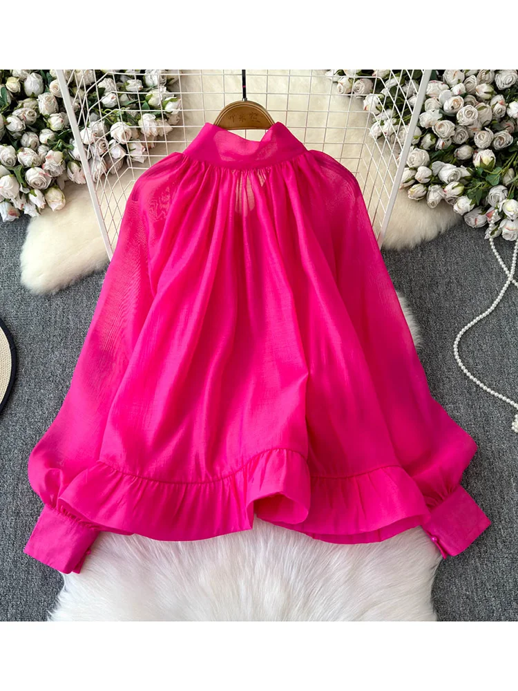 Women's Autumn Blouse Korean Style Lantern Long Sleeved V-neck Loose Lotus Leaf Chiffon Shirt Casual Top Blusa BL053