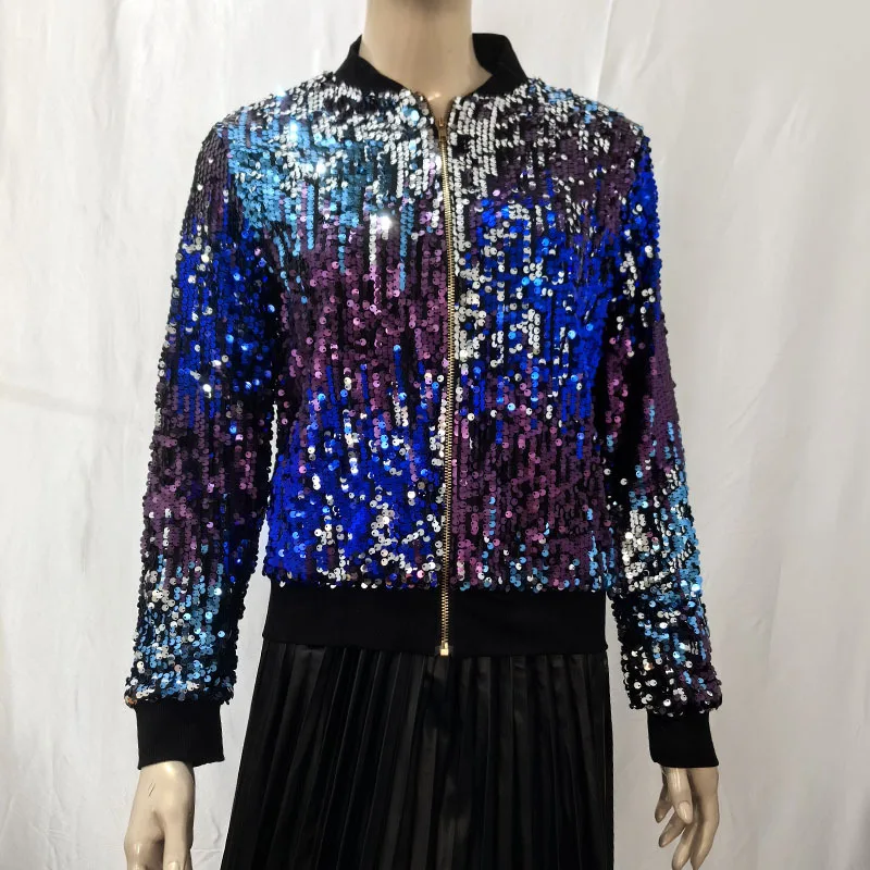 Shiny Color Sequin Jacket Coat Women Personalized Street Stand Collar Long Sleeve Zipper Jackets Fashion Female Clothing Coats