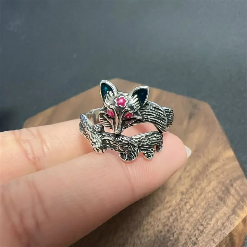 Retro Peach Blossom Fox Fairy Ring For Lady Lucky Accessories Trendy Women Index Finger Ring Adjustable Bring Love
