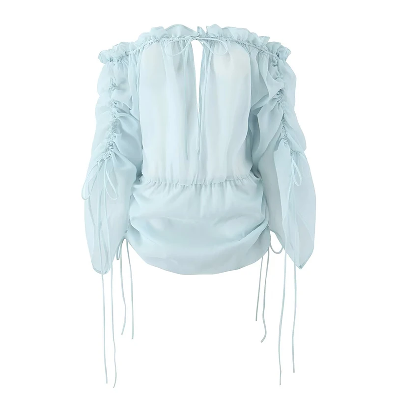 

YENKYE Fashion Women Sexy Semi-Sheer Off Shoulder Blouse Vintage Drawstring Ruched Sleeve Backless Summer Tops Loose Streetwear
