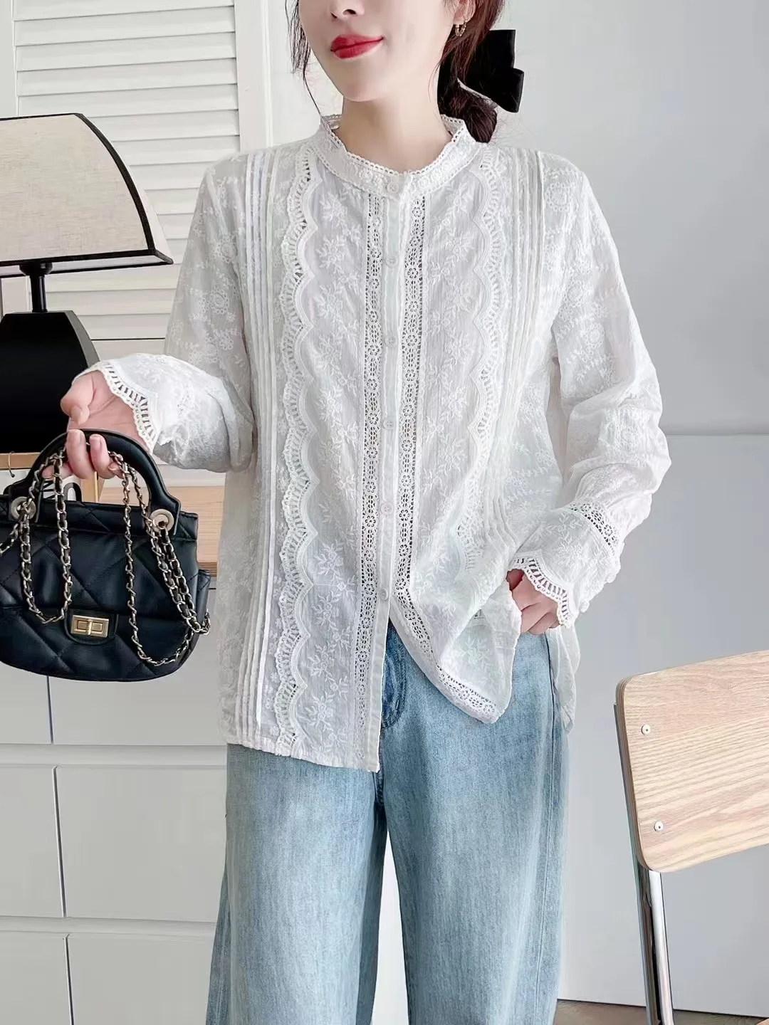 Mori Girl Sweet Lace Embroidery Hollow Out Solid Color Cotton Shirts Women Japanese Cute Stand Collar Long Sleeve Blouse Tops