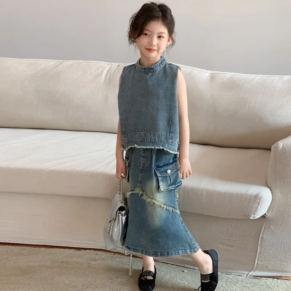 

Girls Vest Korean Style 2024 Summer New Solid Color Denim Sleeveless Tank Top Fashion Design Summer Children Waistcoats