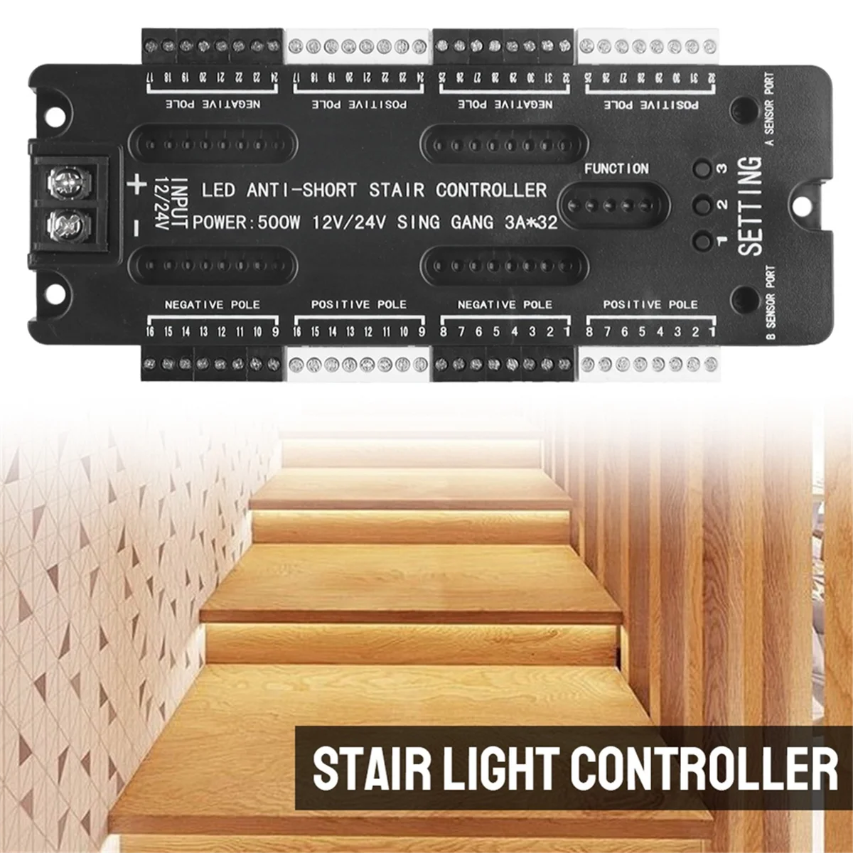 Détecteur de mouvement LED intérieur pour escaliers, bande flexible, luminosité réglable, contrôleur de lumière d'escalier, 32 canaux, DC 12V, 24V